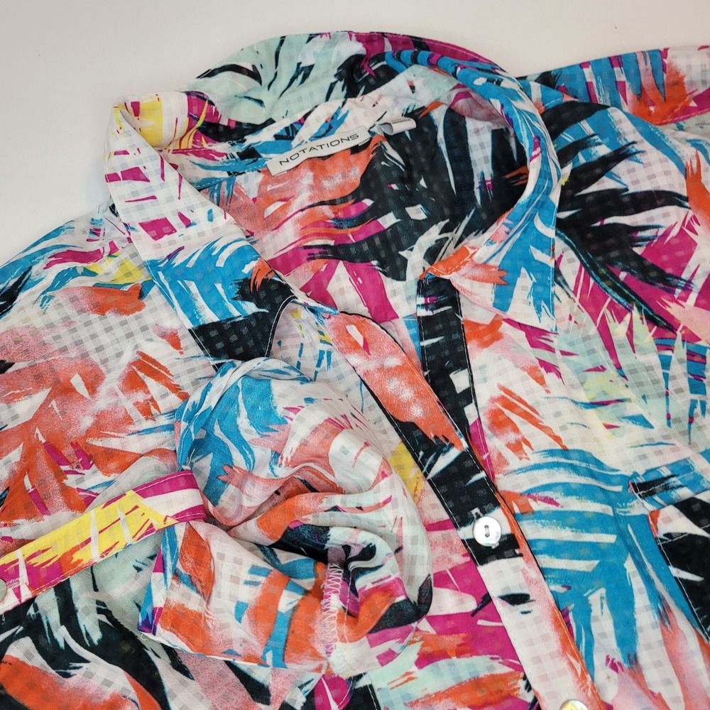 Notations Button Down Shirt Womens XL Multicolor Excellent Tropical Roll Sleeve
